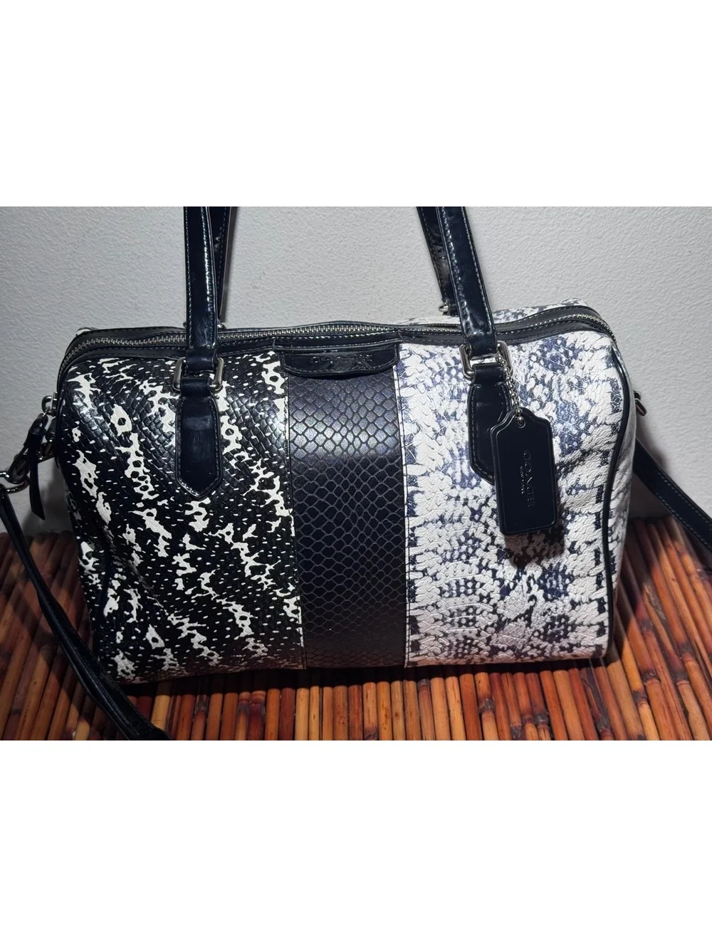 Coach Nancy Satchel 2014 Python Embossed Cowhide Leather Black White Patent